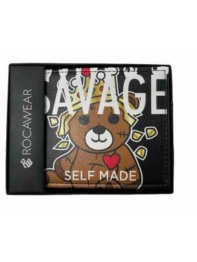 Rocawear Mens Savage Self Made Teddy Bear Graphic Bifold Wallet Black New in Box